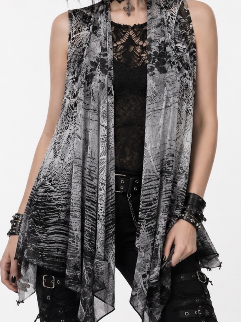 Lace Vest Womens Size Medium Black White Tie Dye Goth Biker Boho Chic